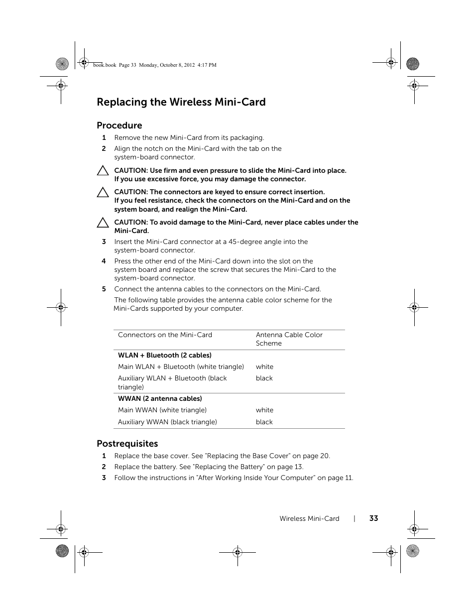 Replacing the wireless mini-card, Procedure, Postrequisites | Dell Inspiron 17R (5720, Mid 2012) User Manual | Page 33 / 102