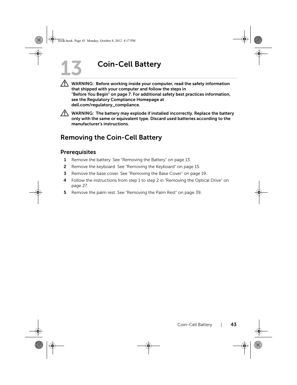 Coin-cell battery, Removing the coin-cell battery | Dell Inspiron 17R (5720, Mid 2012) User Manual | Page 43 / 102