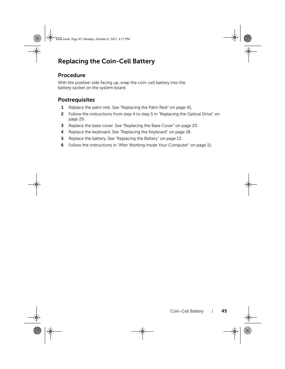 Replacing the coin-cell battery, Procedure, Postrequisites | Dell Inspiron 17R (5720, Mid 2012) User Manual | Page 45 / 102