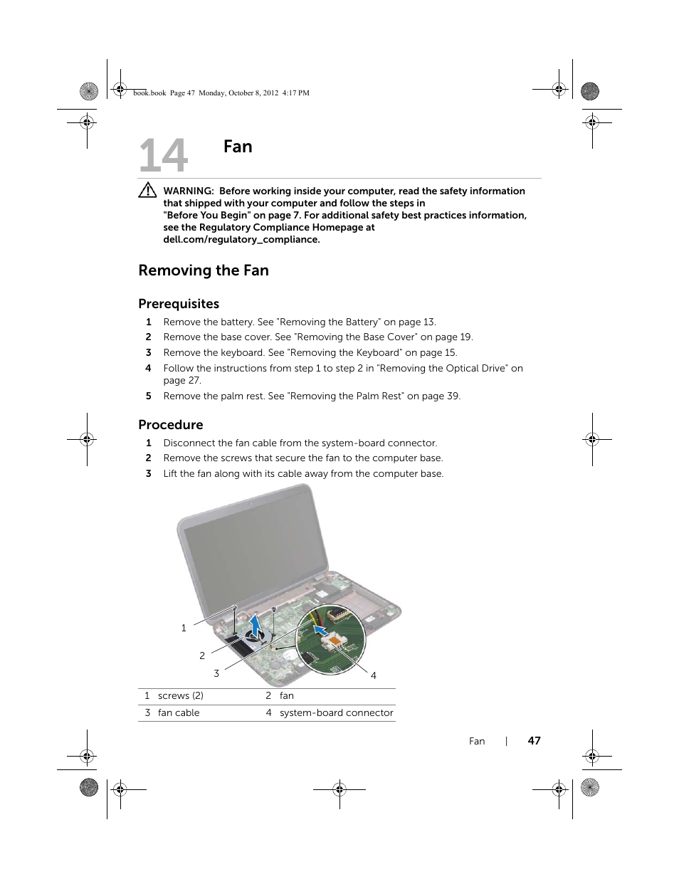 Removing the fan | Dell Inspiron 17R (5720, Mid 2012) User Manual | Page 47 / 102