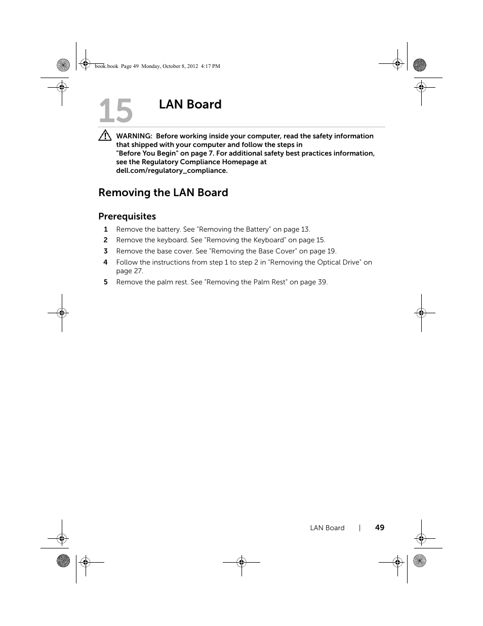 Lan board, Removing the lan board | Dell Inspiron 17R (5720, Mid 2012) User Manual | Page 49 / 102