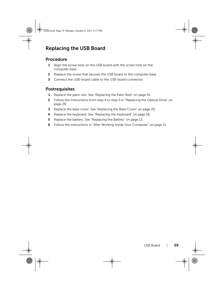 Replacing the usb board, Procedure, Postrequisites | Dell Inspiron 17R (5720, Mid 2012) User Manual | Page 59 / 102