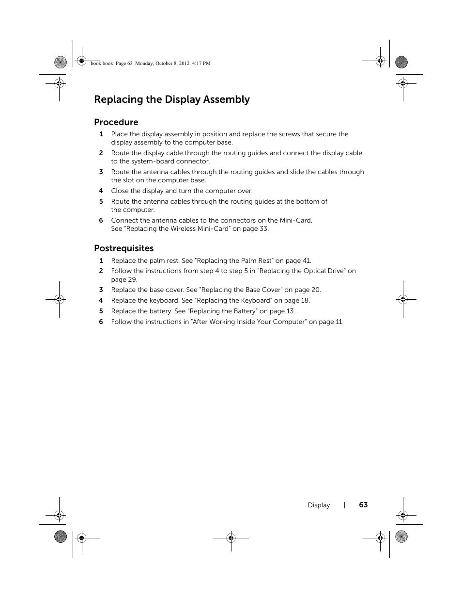 Replacing the display assembly, Procedure, Postrequisites | Dell Inspiron 17R (5720, Mid 2012) User Manual | Page 63 / 102