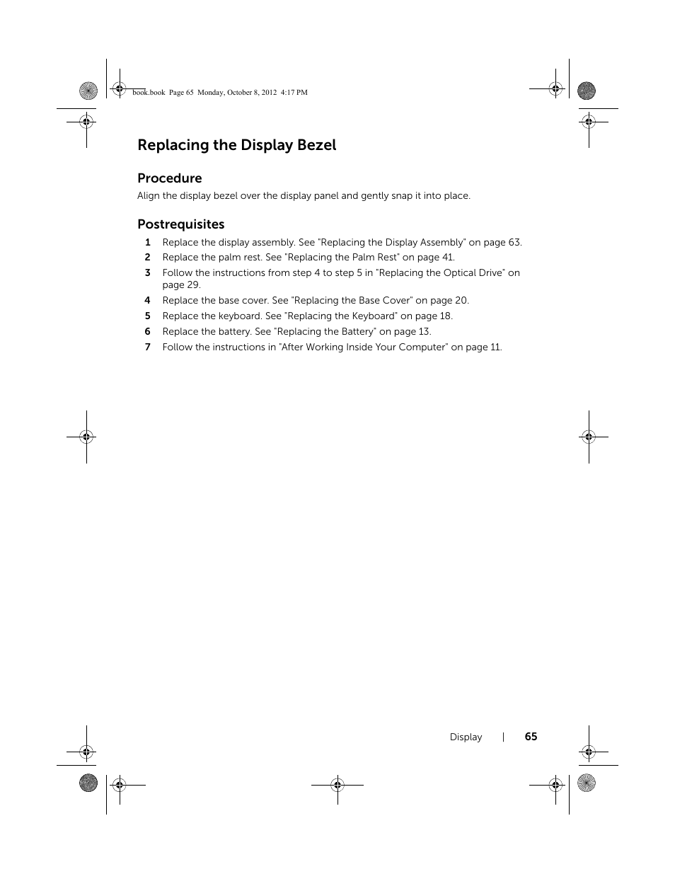 Replacing the display bezel | Dell Inspiron 17R (5720, Mid 2012) User Manual | Page 65 / 102