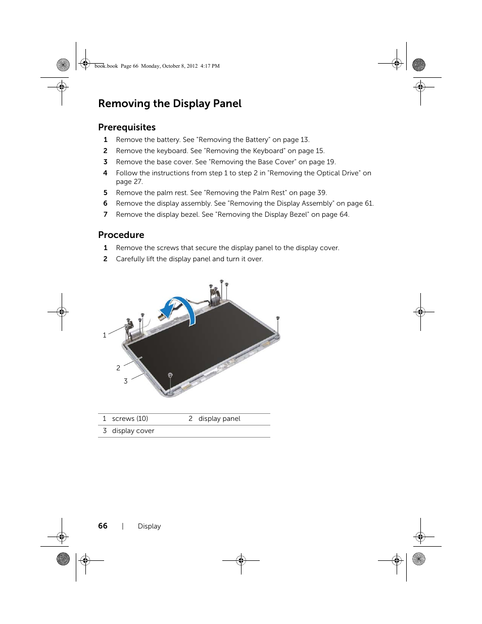 Removing the display panel, Prerequisites, Procedure | Dell Inspiron 17R (5720, Mid 2012) User Manual | Page 66 / 102