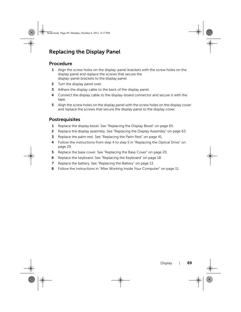 Replacing the display panel, Procedure, Postrequisites | Dell Inspiron 17R (5720, Mid 2012) User Manual | Page 69 / 102