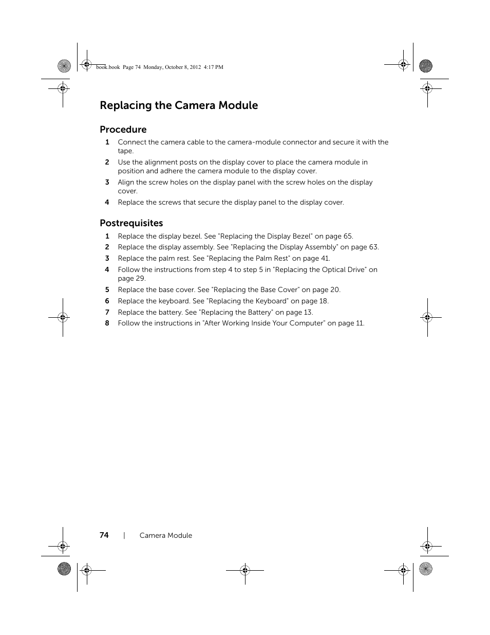 Replacing the camera module, Procedure, Postrequisites | Dell Inspiron 17R (5720, Mid 2012) User Manual | Page 74 / 102