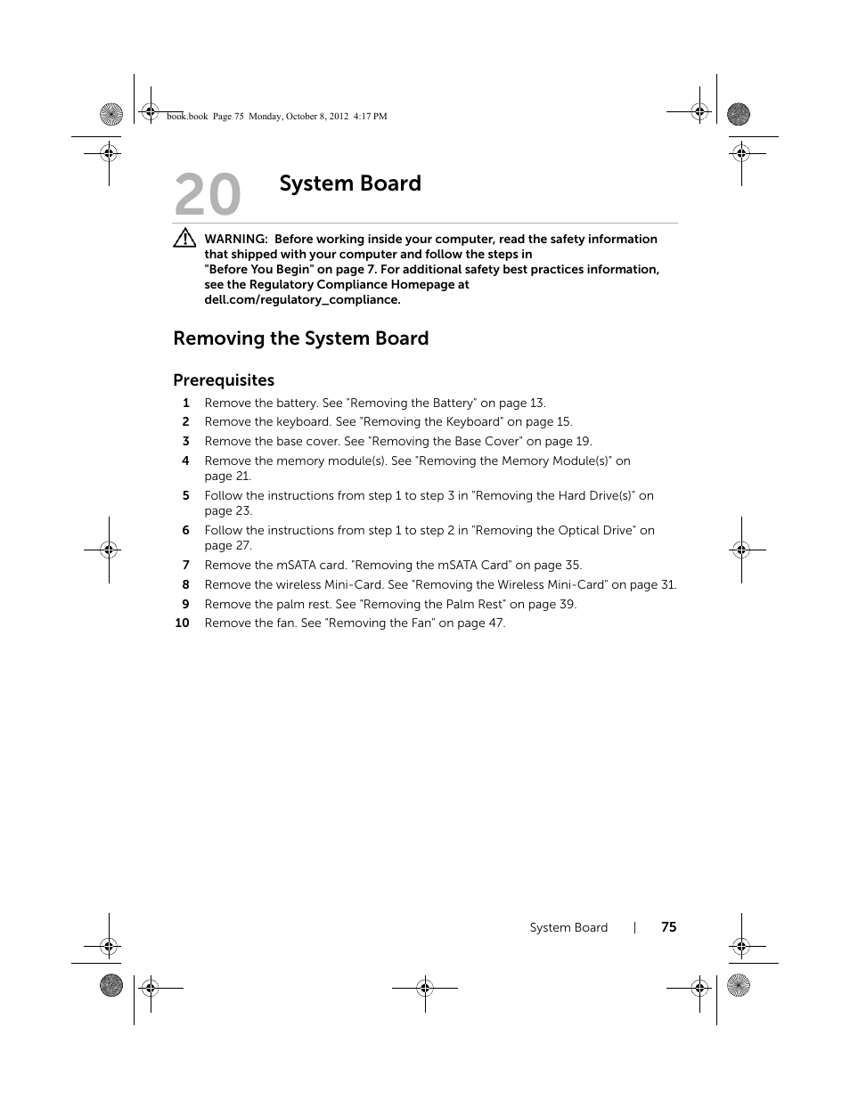 System board, Removing the system board | Dell Inspiron 17R (5720, Mid 2012) User Manual | Page 75 / 102