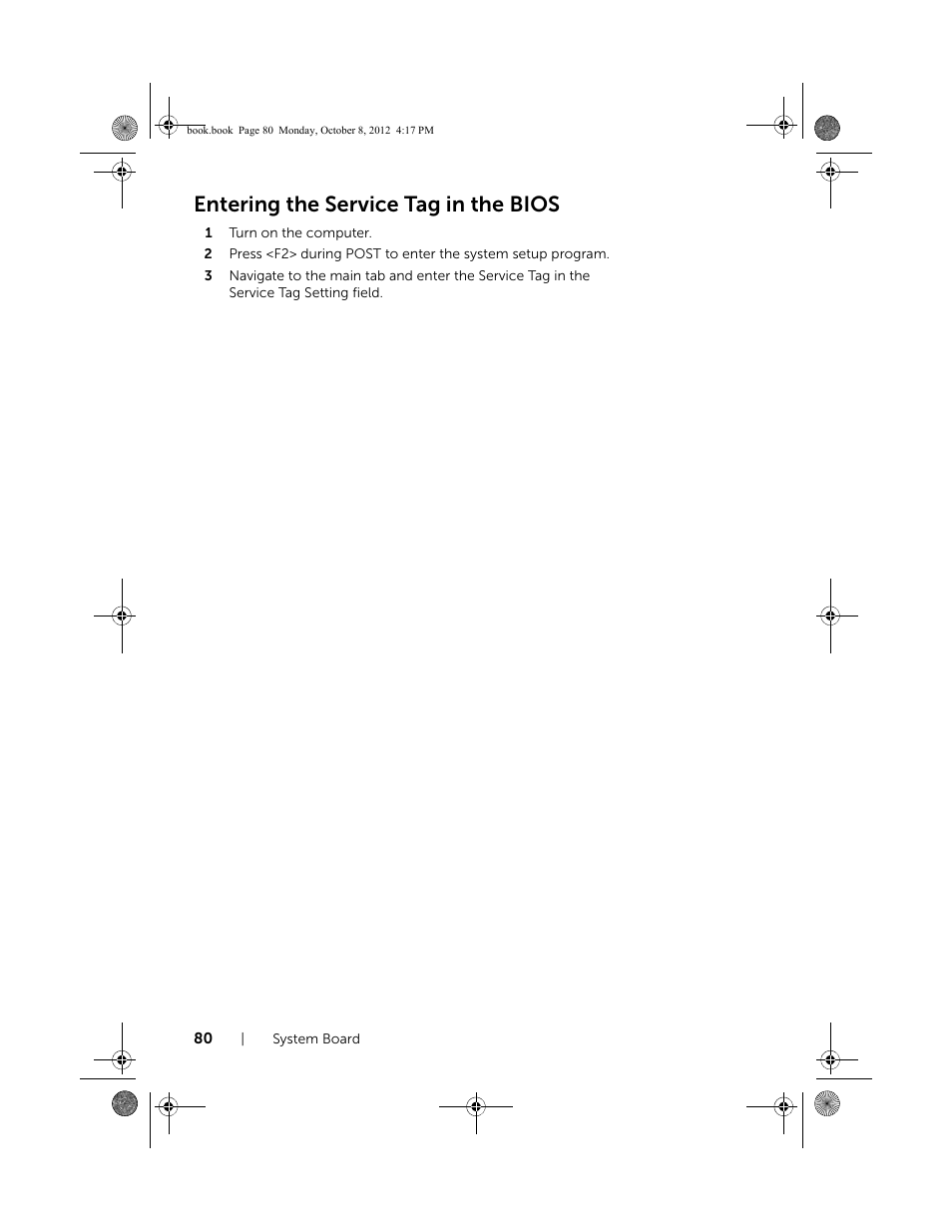 Entering the service tag in the bios | Dell Inspiron 17R (5720, Mid 2012) User Manual | Page 80 / 102