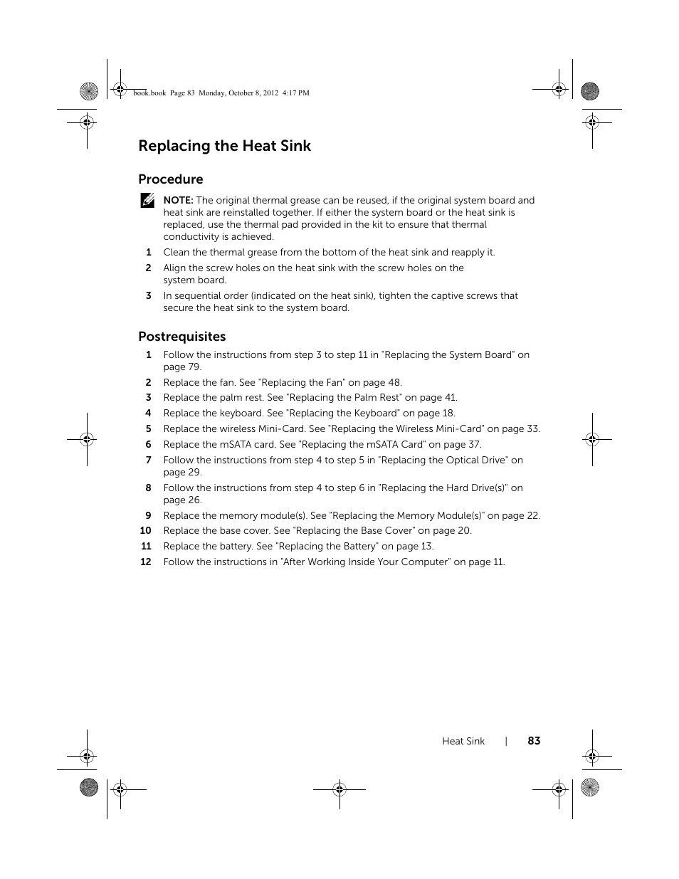 Replacing the heat sink, Procedure, Postrequisites | Dell Inspiron 17R (5720, Mid 2012) User Manual | Page 83 / 102