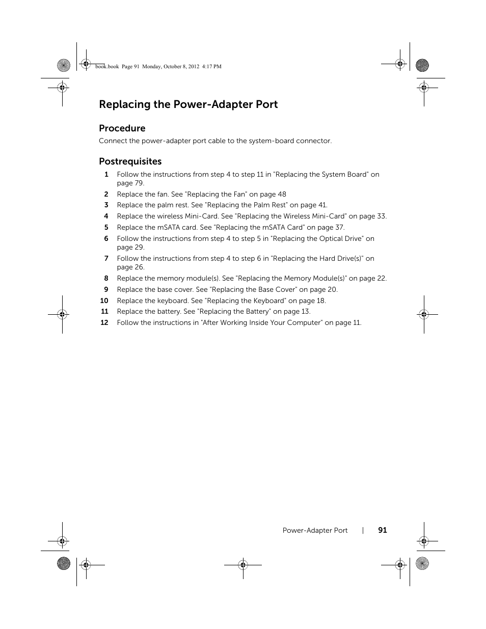 Replacing the power-adapter port, Procedure, Postrequisites | Dell Inspiron 17R (5720, Mid 2012) User Manual | Page 91 / 102