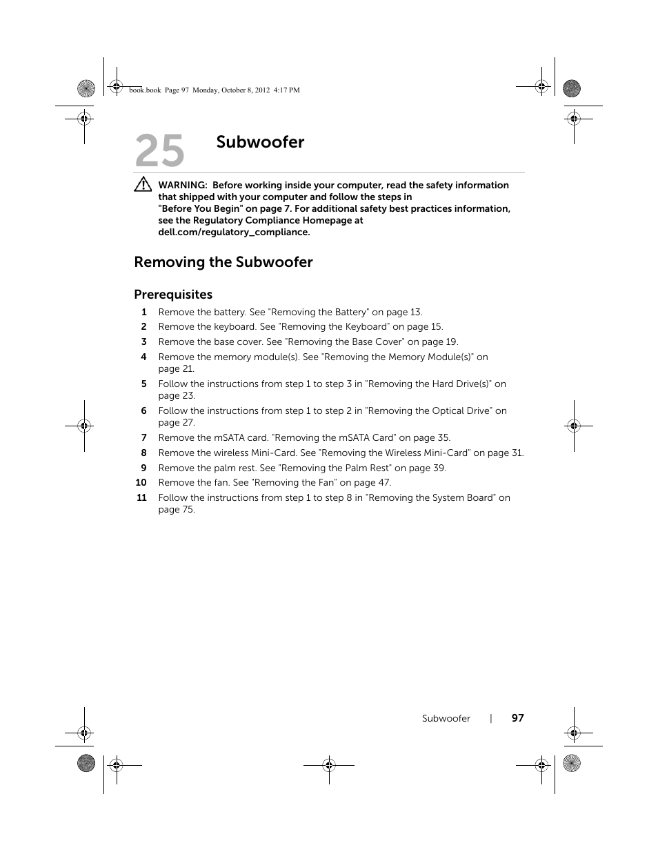 Subwoofer, Removing the subwoofer | Dell Inspiron 17R (5720, Mid 2012) User Manual | Page 97 / 102