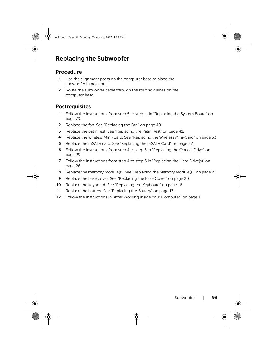 Replacing the subwoofer, Procedure, Postrequisites | Dell Inspiron 17R (5720, Mid 2012) User Manual | Page 99 / 102