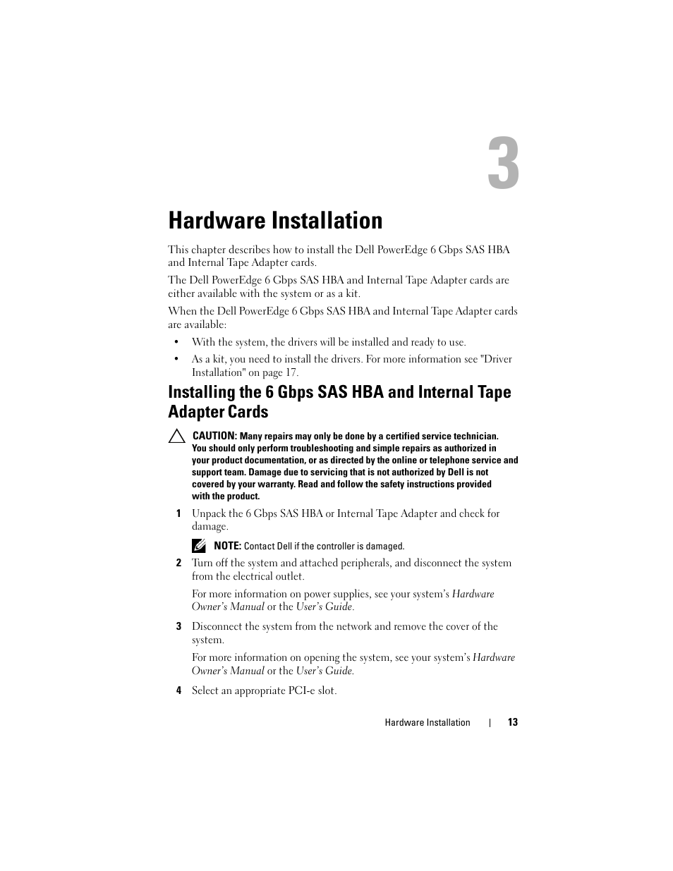 Hardware installation, Cards | Dell 6 GBps SAS HBA User Manual | Page 13 / 36