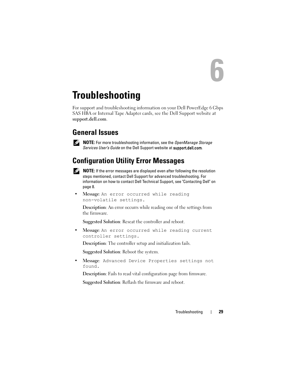 Troubleshooting, General issues, Configuration utility error messages | Dell 6 GBps SAS HBA User Manual | Page 29 / 36