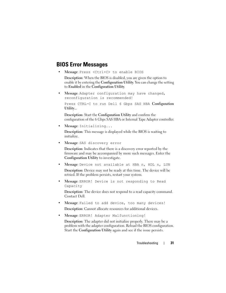 Bios error messages | Dell 6 GBps SAS HBA User Manual | Page 31 / 36