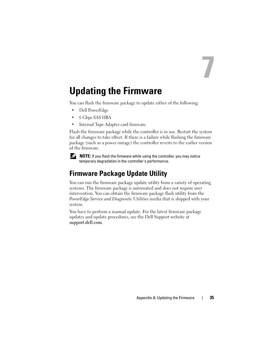 Updating the firmware, Firmware package update utility | Dell 6 GBps SAS HBA User Manual | Page 35 / 36