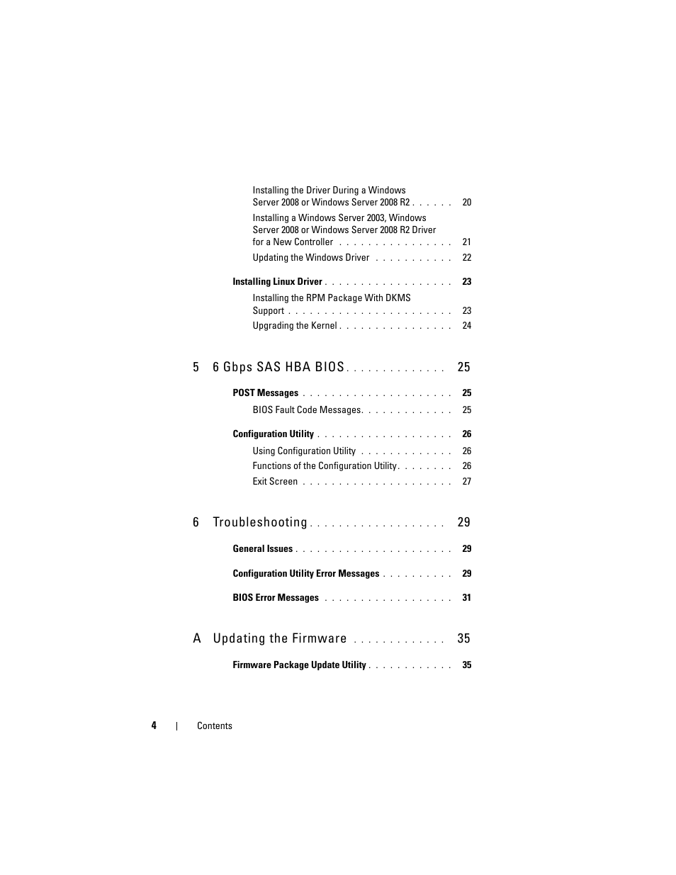 5 6 gbps sas hba bios, 6 troubleshooting, A updating the firmware | Dell 6 GBps SAS HBA User Manual | Page 4 / 36