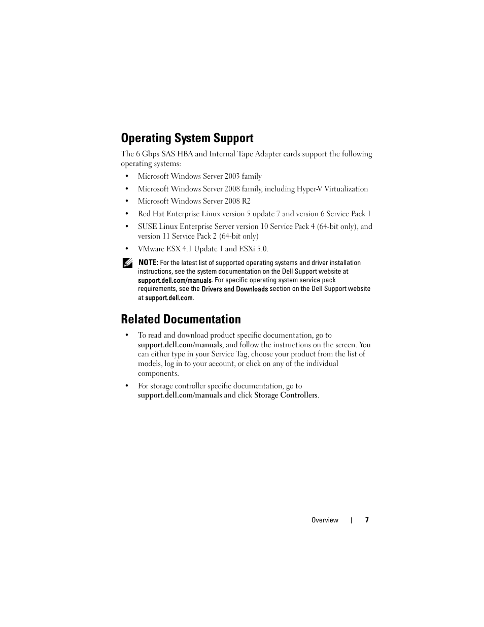 Operating system support, Related documentation, Stem support | Dell 6 GBps SAS HBA User Manual | Page 7 / 36