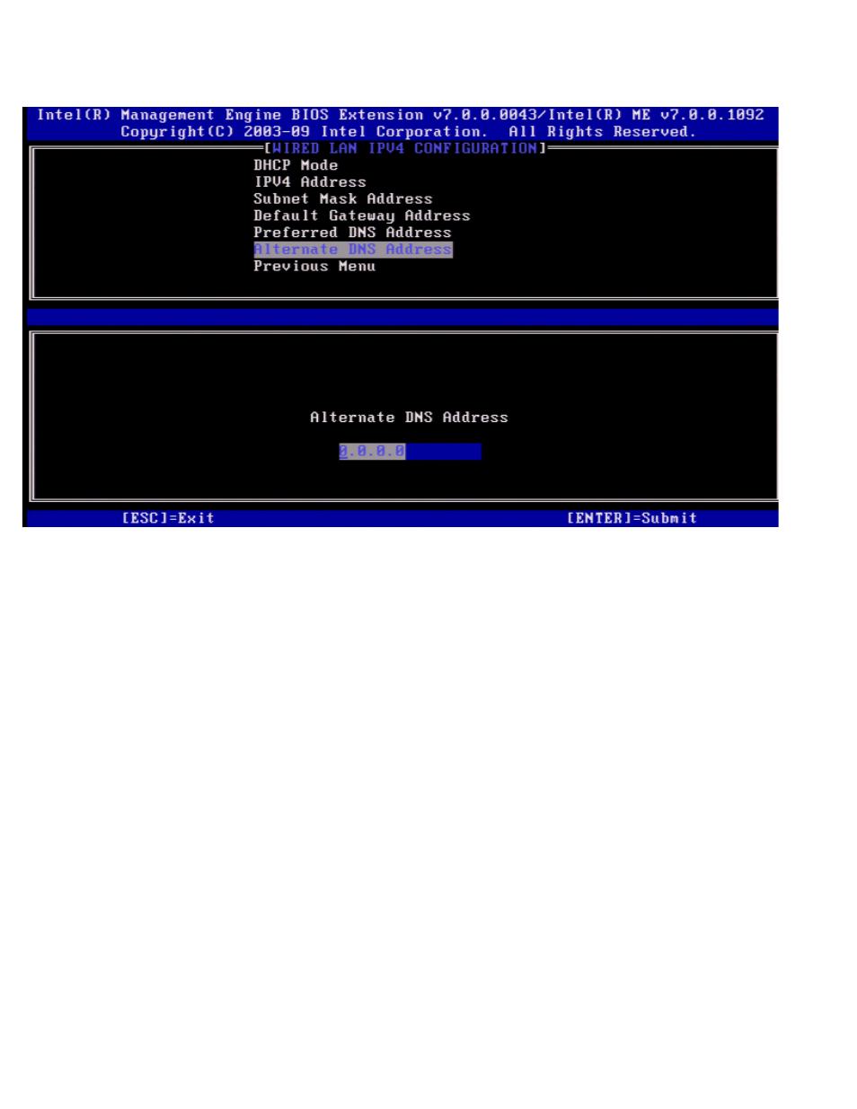 Alternate dns address, Previous menu, Wired lan ipv6 configuration | Dell OptiPlex 990 (Early 2011) User Manual | Page 34 / 107