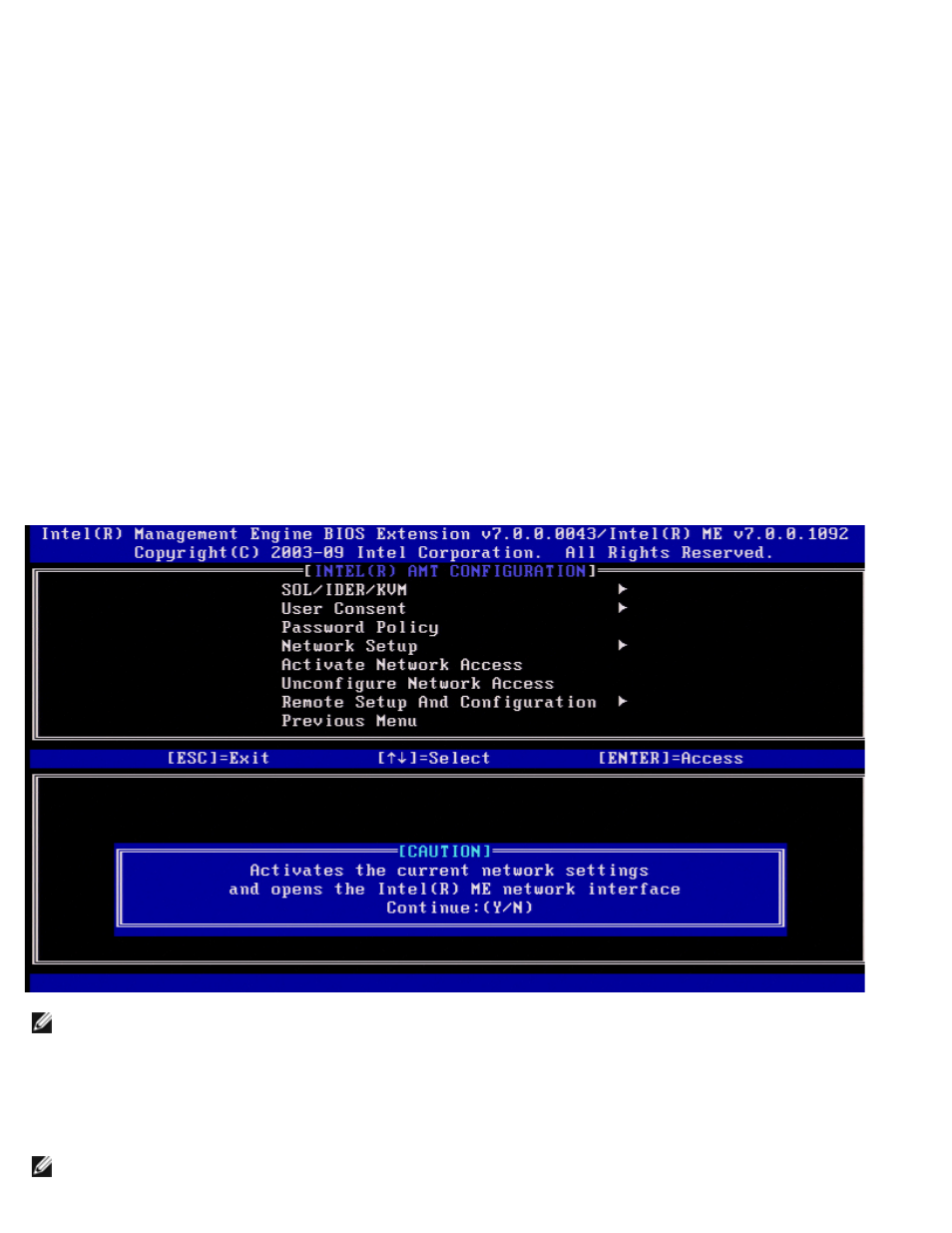 Previous menu, Activate network access, Unconfigure network access | Dell OptiPlex 990 (Early 2011) User Manual | Page 43 / 107