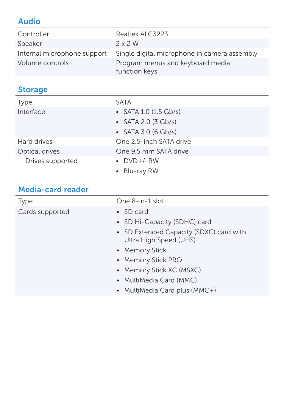 Audio, Storage, Media-card reader | Dell Inspiron 14 (3437, Mid 2013) User Manual | Page 4 / 7