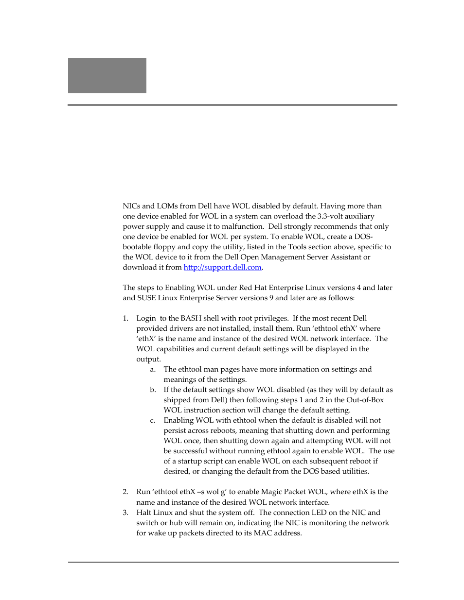 Enabling wol under red hat enterprise linux, Versions 4 and later and suse, Linux enterprise server versions 9 and later | Dell Broadcom NetXtreme Family of Adapters User Manual | Page 12 / 15