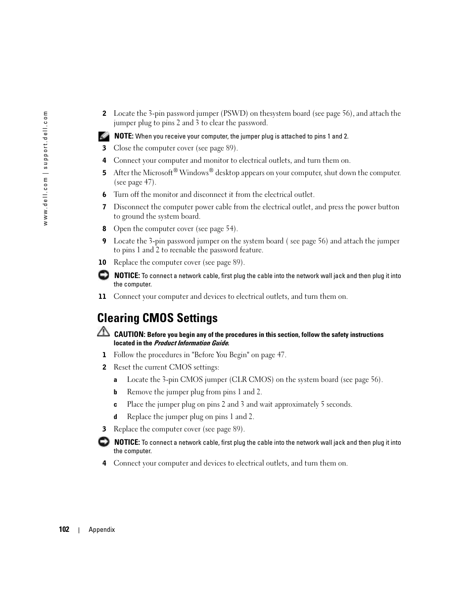 Clearing cmos settings | Dell Dimension 4700 User Manual | Page 102 / 126