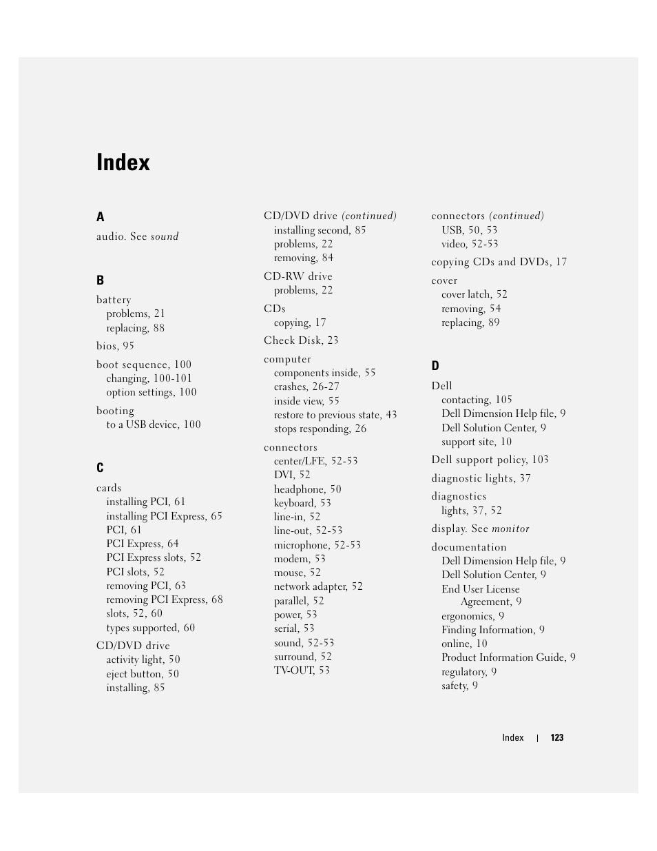Index | Dell Dimension 4700 User Manual | Page 123 / 126