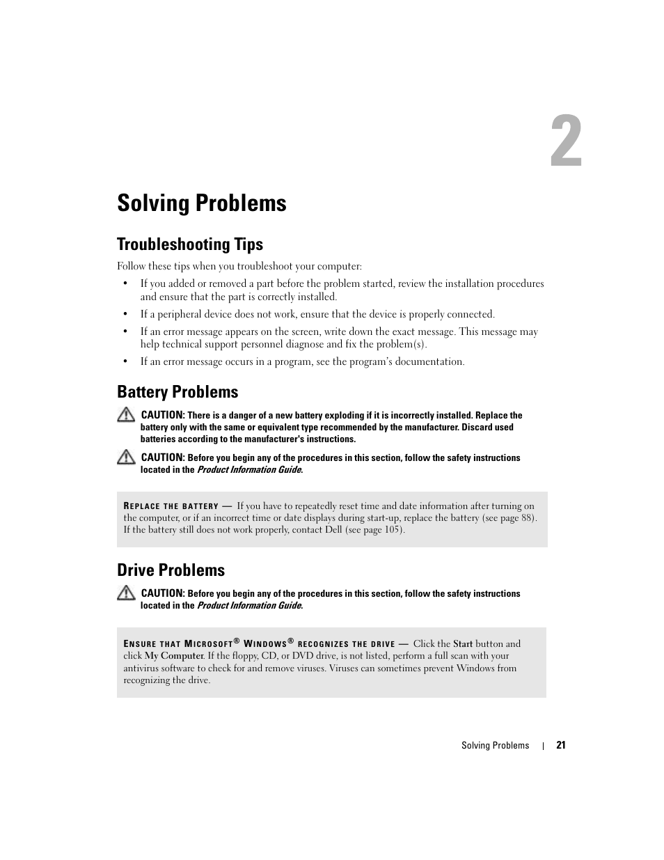 Solving problems, Troubleshooting tips, Battery problems | Drive problems | Dell Dimension 4700 User Manual | Page 21 / 126