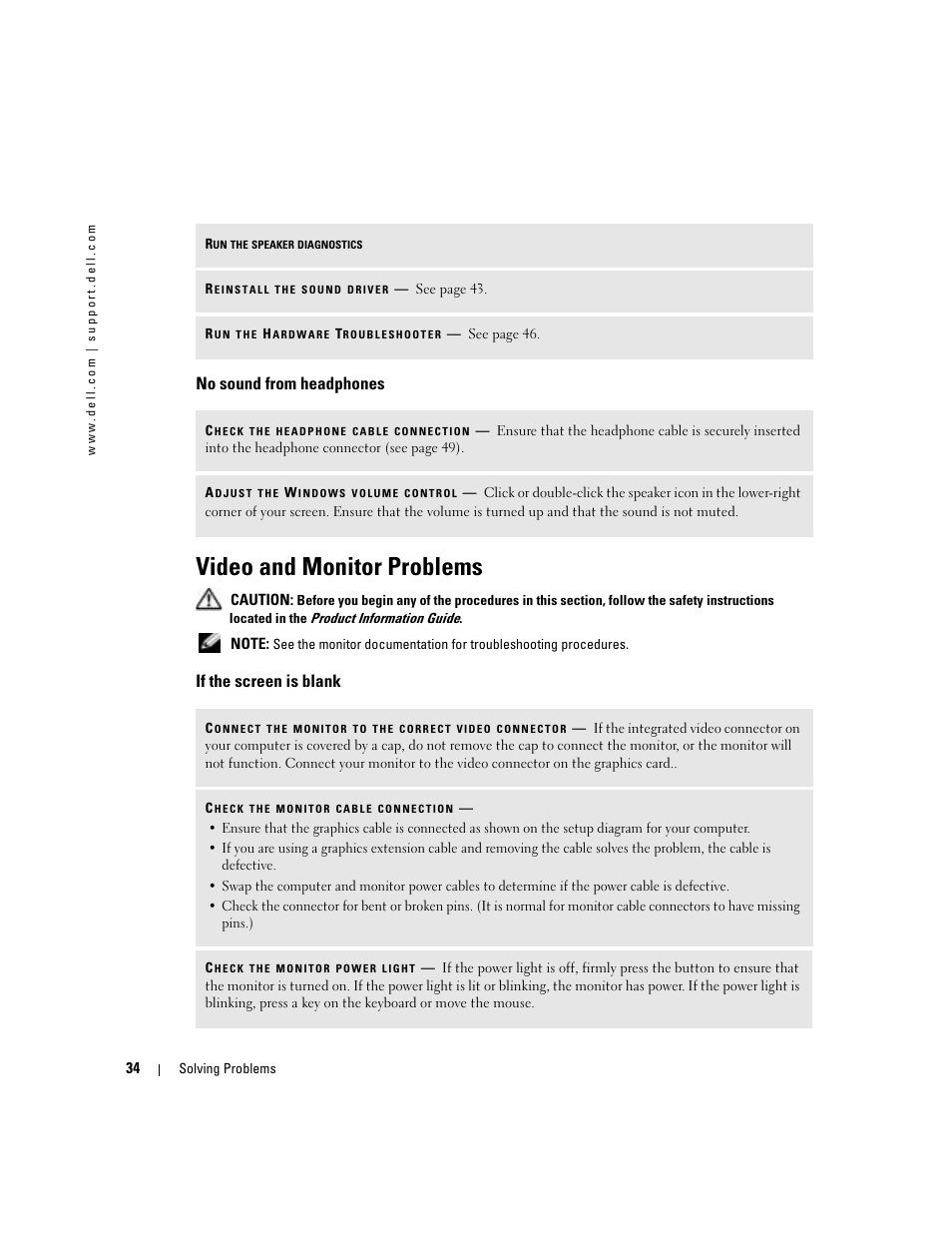 Video and monitor problems, No sound from headphones, If the screen is blank | Dell Dimension 4700 User Manual | Page 34 / 126