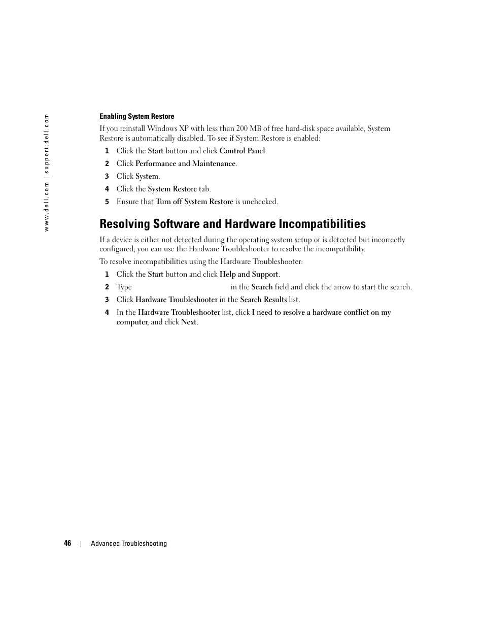 Resolving software and hardware incompatibilities | Dell Dimension 4700 User Manual | Page 46 / 126