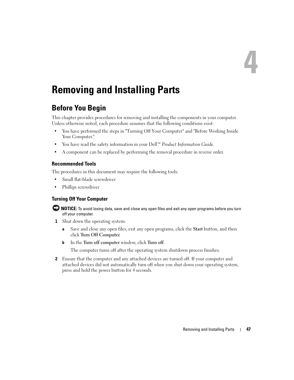 Removing and installing parts, Before you begin | Dell Dimension 4700 User Manual | Page 47 / 126