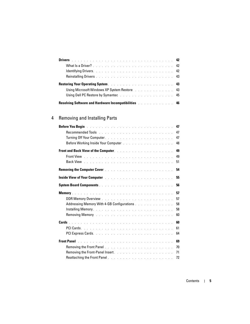 4removing and installing parts | Dell Dimension 4700 User Manual | Page 5 / 126