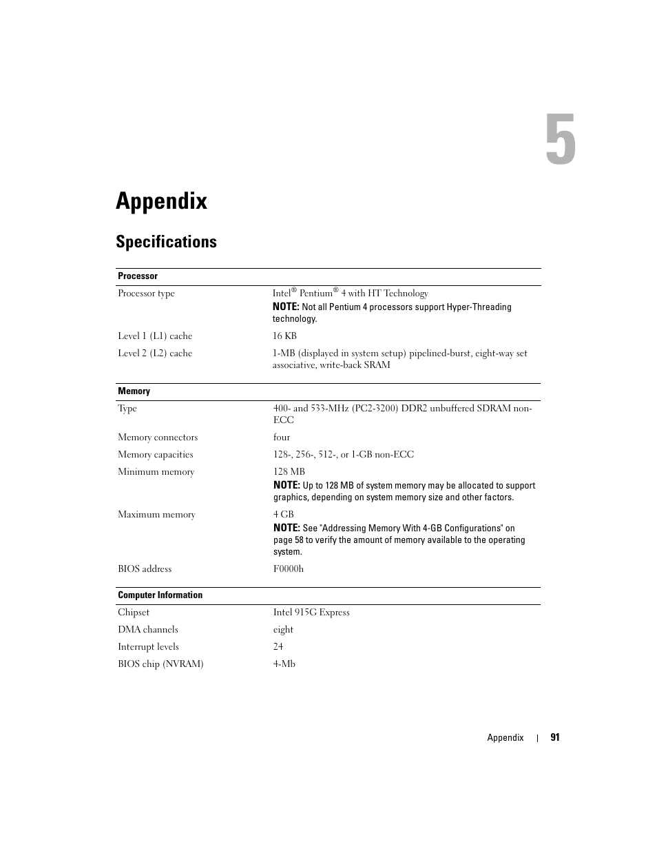 Appendix, Specifications | Dell Dimension 4700 User Manual | Page 91 / 126