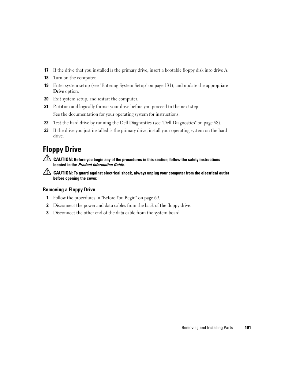 Floppy drive, Removing a floppy drive | Dell XPS 600 User Manual | Page 101 / 166