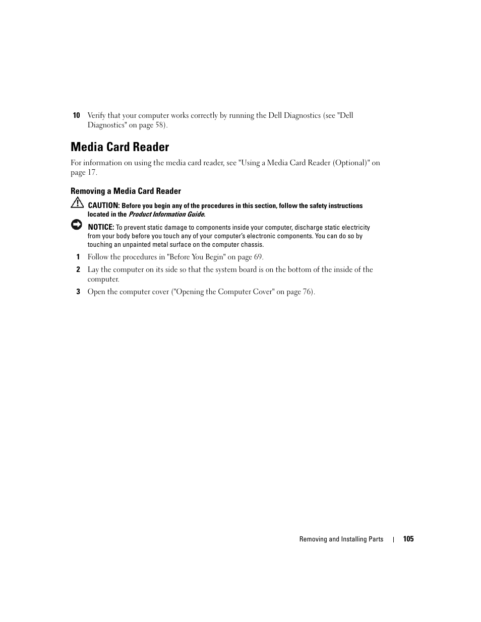 Media card reader, Removing a media card reader | Dell XPS 600 User Manual | Page 105 / 166