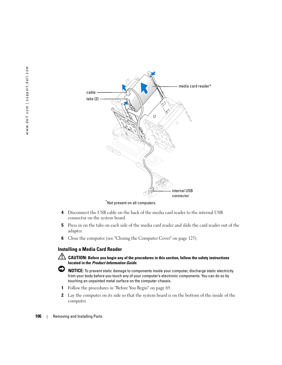 Installing a media card reader | Dell XPS 600 User Manual | Page 106 / 166