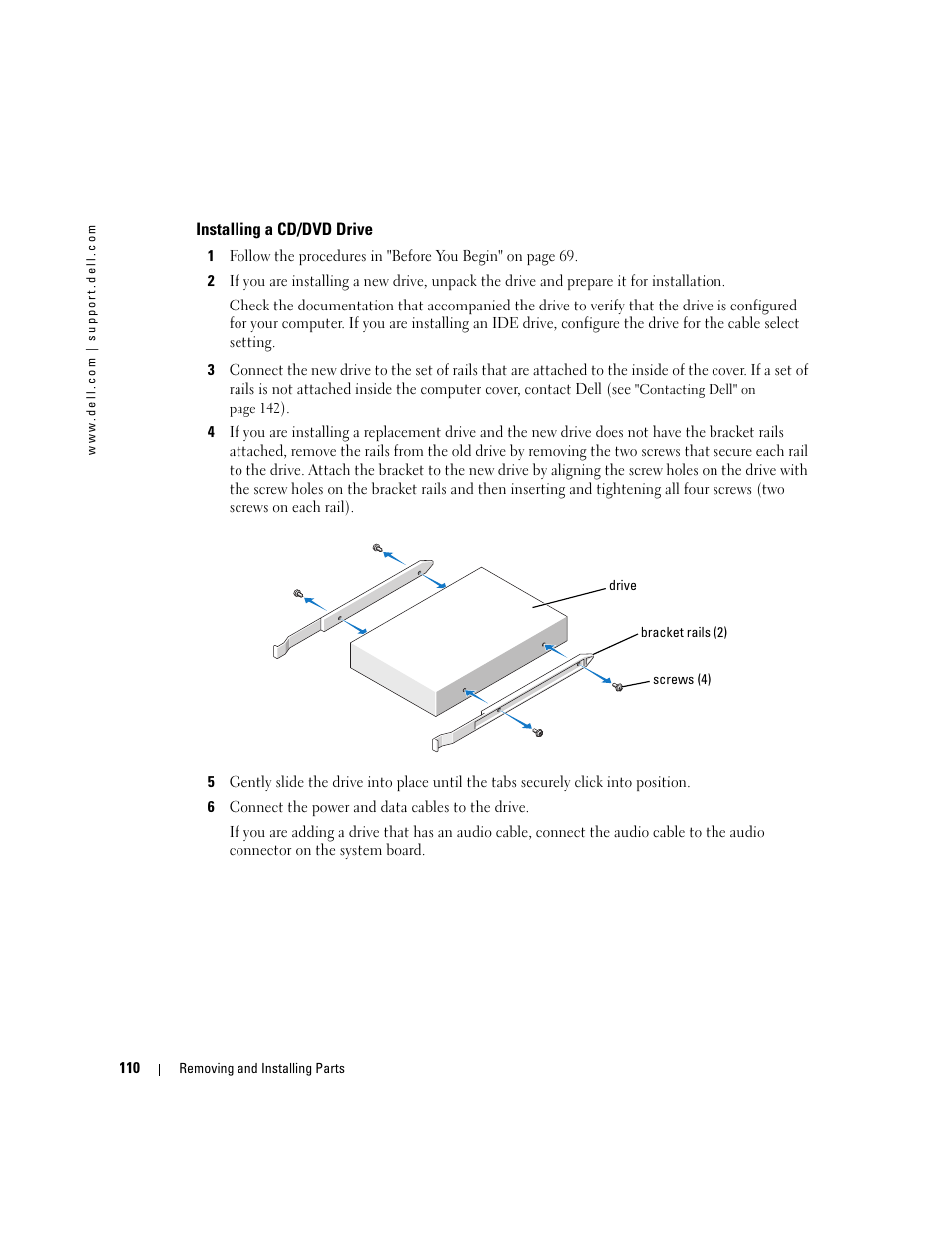 Installing a cd/dvd drive | Dell XPS 600 User Manual | Page 110 / 166