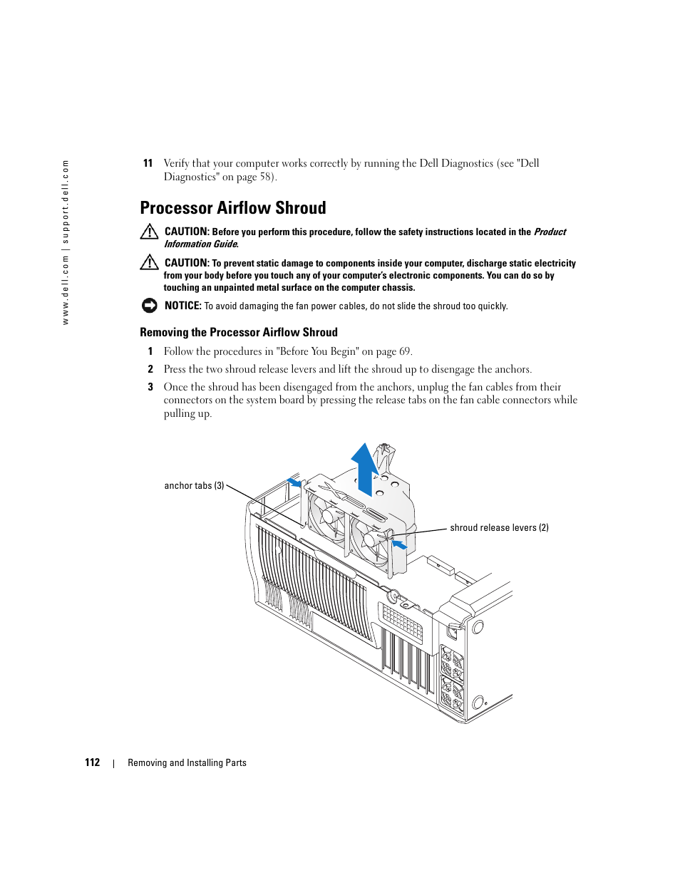 Processor airflow shroud, Removing the processor airflow shroud | Dell XPS 600 User Manual | Page 112 / 166