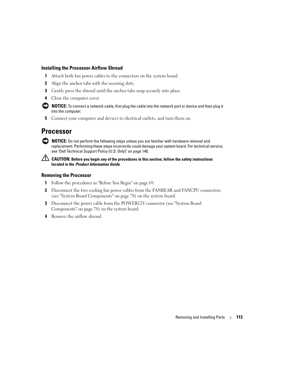 Installing the processor airflow shroud, Processor, Removing the processor | Dell XPS 600 User Manual | Page 113 / 166