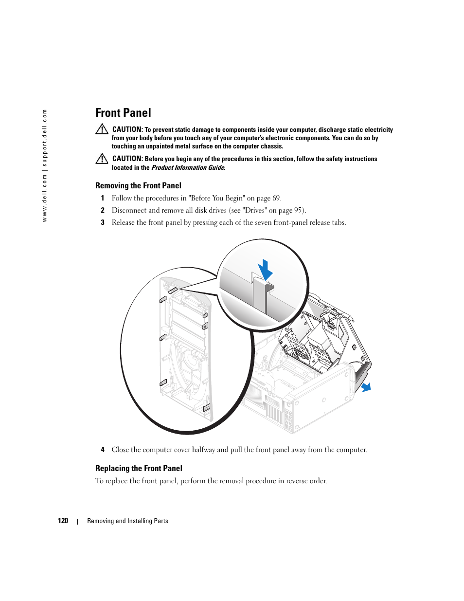 Front panel, Removing the front panel, Replacing the front panel | Dell XPS 600 User Manual | Page 120 / 166