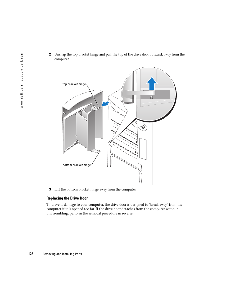 Replacing the drive door | Dell XPS 600 User Manual | Page 122 / 166