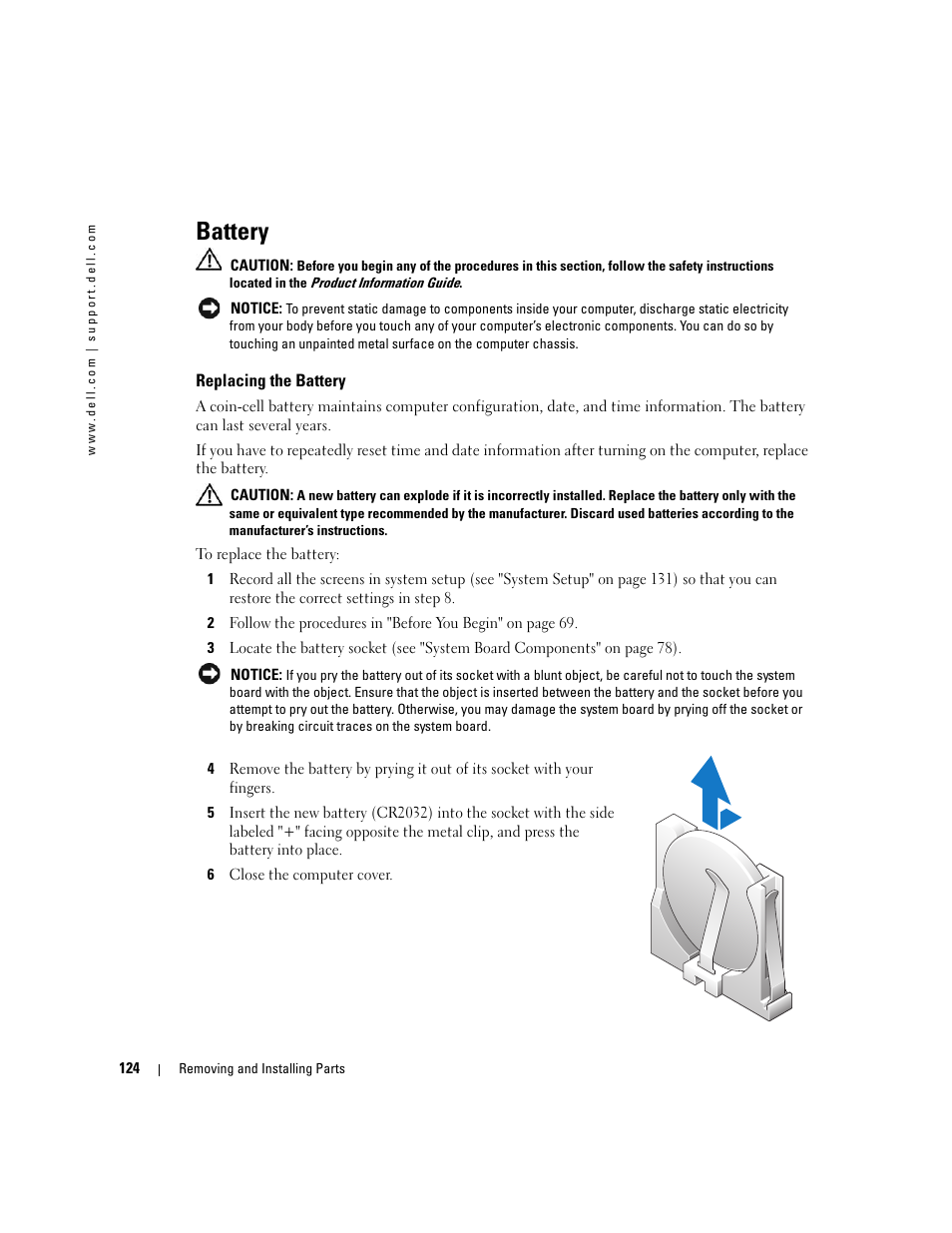 Battery, Replacing the battery | Dell XPS 600 User Manual | Page 124 / 166