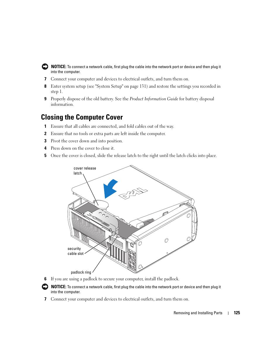 Closing the computer cover, Ect settings in step 8 | Dell XPS 600 User Manual | Page 125 / 166