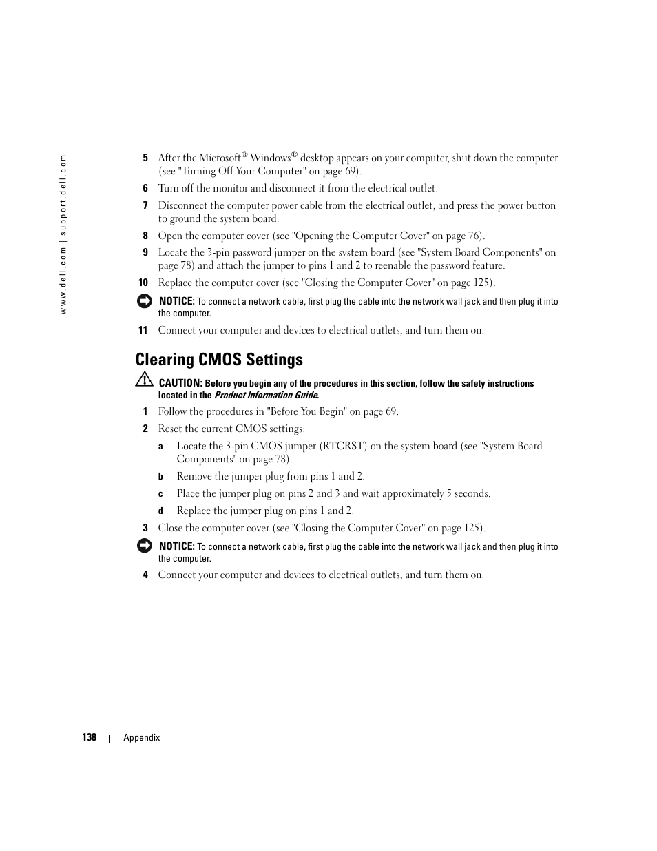 Clearing cmos settings | Dell XPS 600 User Manual | Page 138 / 166