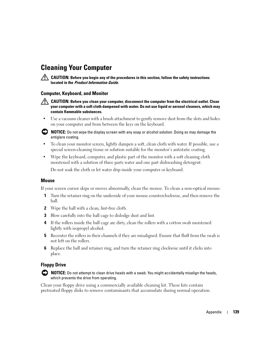 Cleaning your computer, Computer, keyboard, and monitor, Mouse | Floppy drive | Dell XPS 600 User Manual | Page 139 / 166