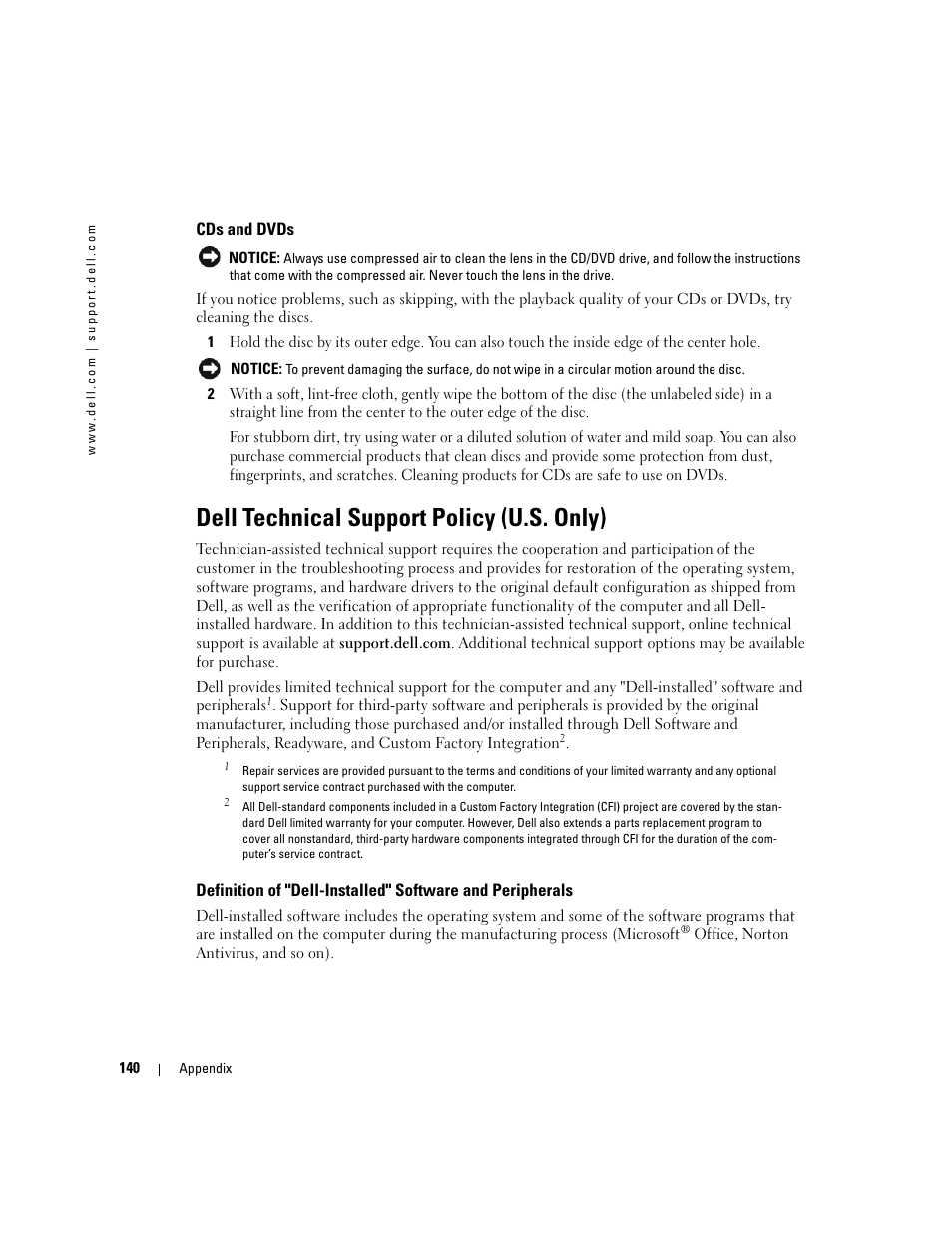 Cds and dvds, Dell technical support policy (u.s. only) | Dell XPS 600 User Manual | Page 140 / 166