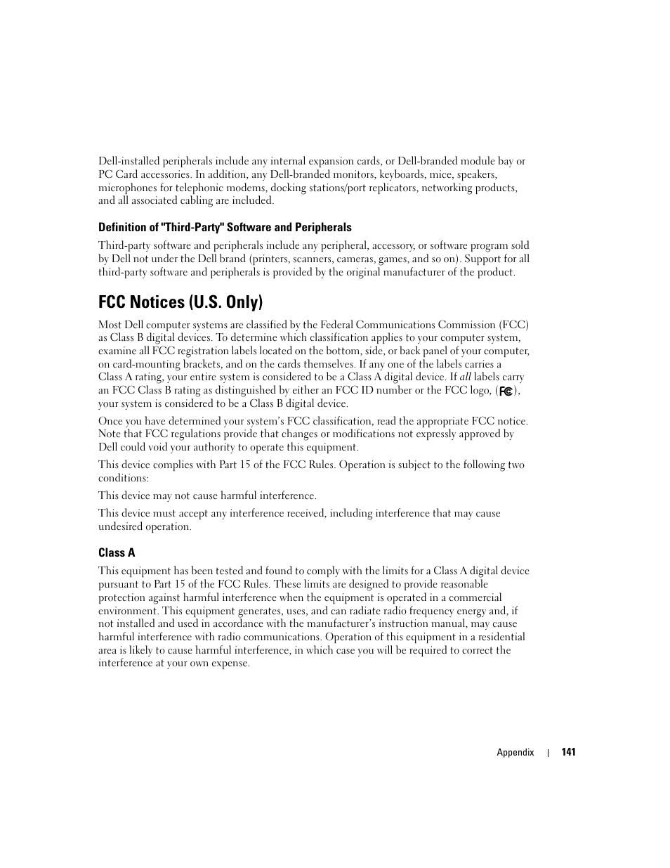 Fcc notices (u.s. only), Class a | Dell XPS 600 User Manual | Page 141 / 166