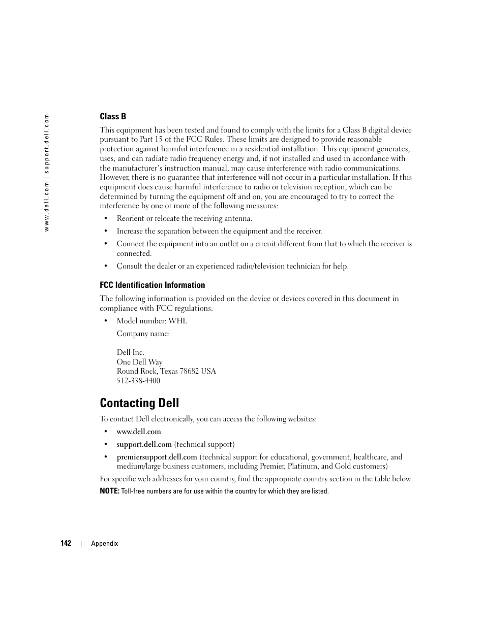 Class b, Fcc identification information, Contacting dell | Contact dell (see "contacting dell" on | Dell XPS 600 User Manual | Page 142 / 166
